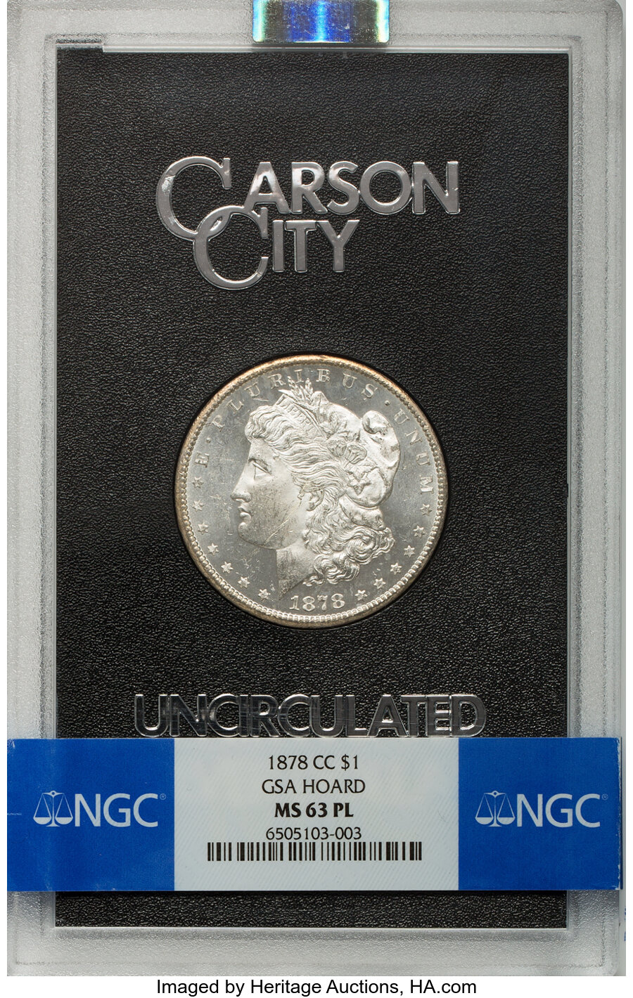 1878-CC $1 GSA MS63 Prooflike NGC. Includes GSA box and COA. NGC Census: (118/85). PCGS Population: (12/14). MS63. Mintage ...