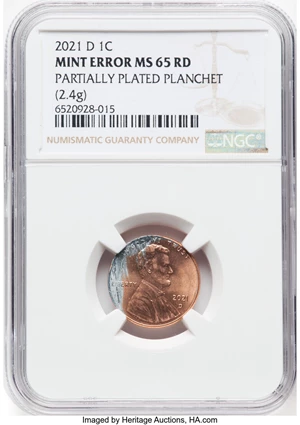 image for: 2021-D 1C Shield Lincoln Cent -- Partially Plated Planchet -- MS64 Red NGC. (2.4 grams)....
