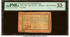 image for: Pennsylvania April 10, 1777 3s PMG Choice Very Fine 35....