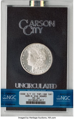 image for: 1880-CC $1 8 Over Low 7, VAM-6, GSA, MS64 NGC. Top-100. NGC Census: (116/67). PCGS Population: (11/13). CDN: $952 Whsle. Bi...