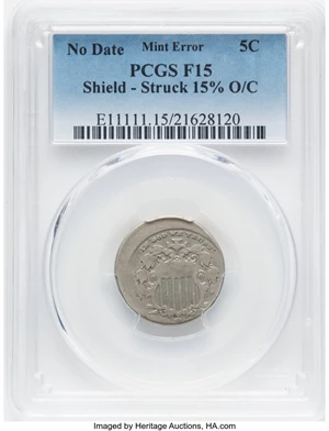 image for: No Date 5C No Rays, Shield Nickel -- Struck 15% Off Center -- Fine 15 PCGS....