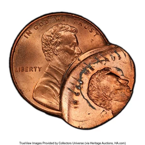 image for: Undated 1C Lincoln Cent --Double Struck, Second Strike 40% Off Center -- MS66 Red PCGS....