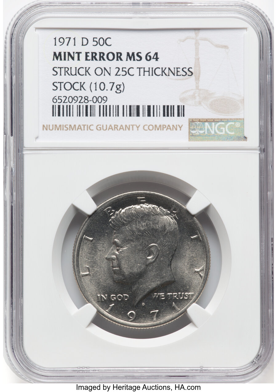 1971-D 50C Kennedy Half Dollar - Struck on 25C Thickness Stock -- MS64 NGC. (10.7 grams)....