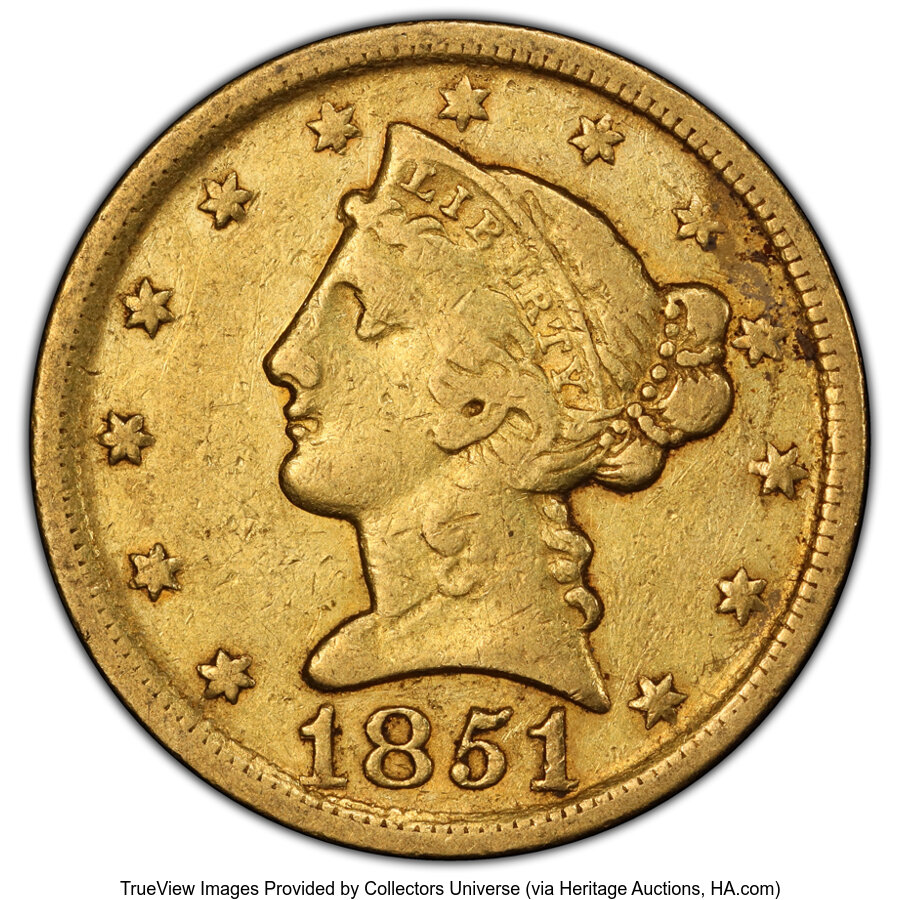 1851-D $5 Strong D VF30 PCGS. PCGS Population: (9/122 and 0/3+). NGC Census: (2/135 and 0/0+). CDN: $1,650 Whsle. Bid for N...