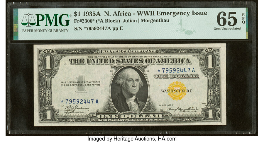 Fr. 2306* $1 1935A North Africa Silver Certificate. PMG Gem Uncirculated 65 EPQ....