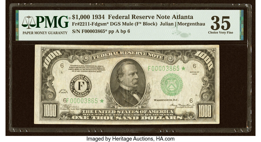 Fr. 2211-F* $1,000 1934 Mule Federal Reserve Star Note. PMG Choice Very Fine 35....