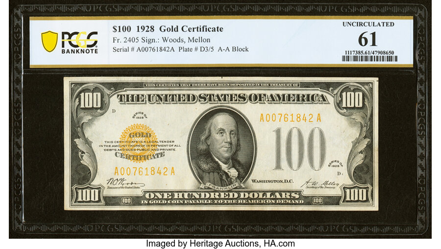Fr. 2405 $100 1928 Gold Certificate. PCGS Banknote Uncirculated 61....