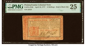 image for: Pennsylvania April 10, 1777 6s PMG Very Fine 25....