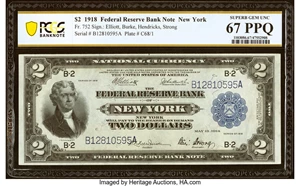 image for: Fr. 752 $2 1918 Federal Reserve Bank Note PCGS Banknote Superb Gem Unc 67 PPQ....