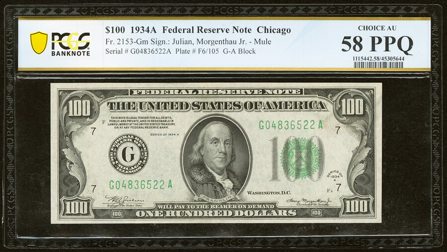 Fr. 2153-G $100 1934A Mule Federal Reserve Note. PCGS Banknote Choice AU 58 PPQ....