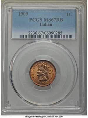 image for: 1909 1C MS67 Red and Brown PCGS. PCGS Population: (1/0). NGC Census: (0/0). CDN: $1,600 Whsle. Bid for NGC/PCGS MS67. Minta...