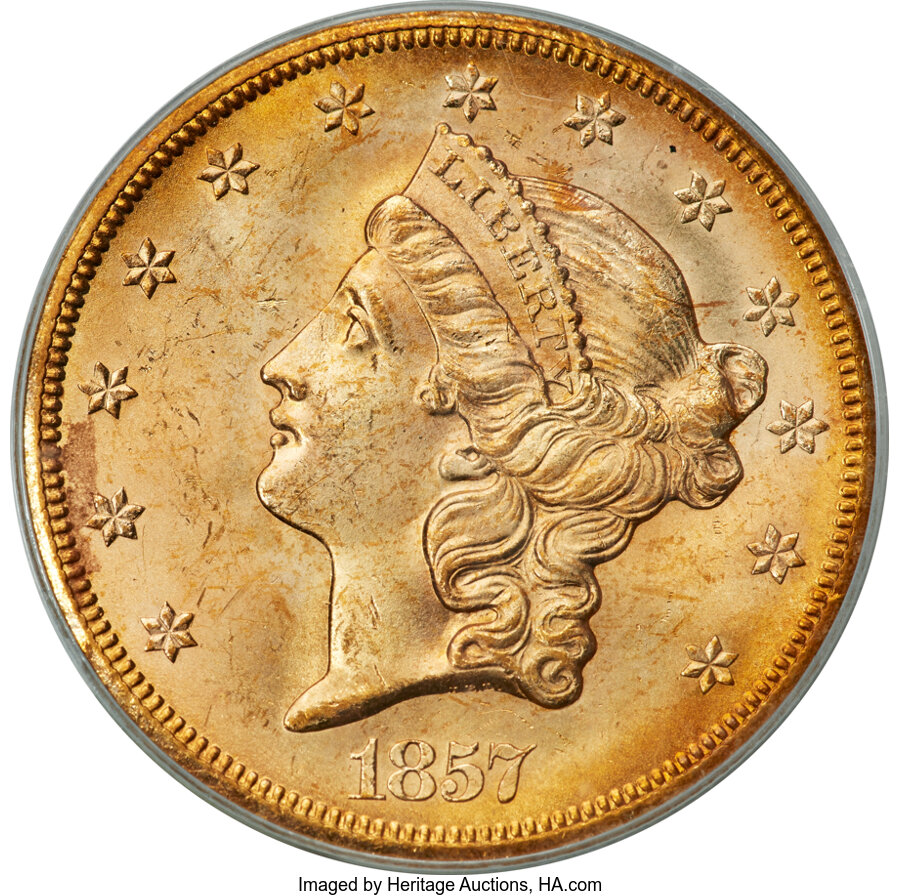 1857-S $20 Narrow Serif MS