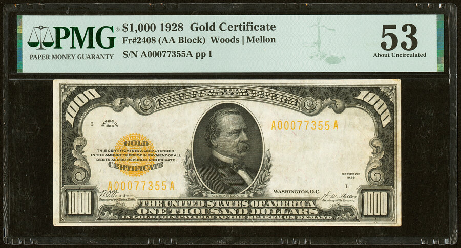 Fr. 2408 $1,000 1928 Gold Certificate. PMG About Uncirculated 53....