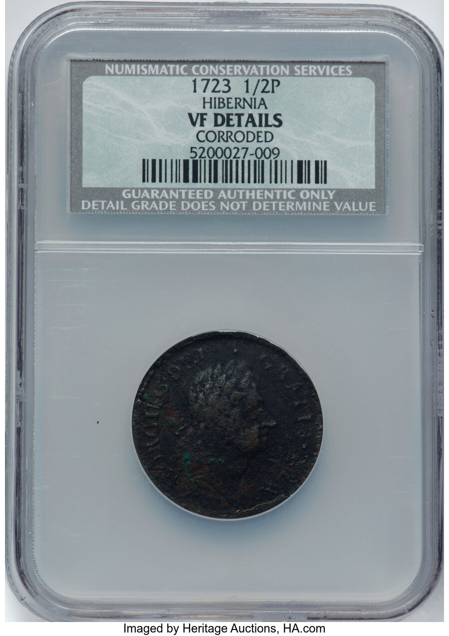 1723 1/2 P Hibernia Halfpenny -- Corroded -- NCS. VF Details. ...