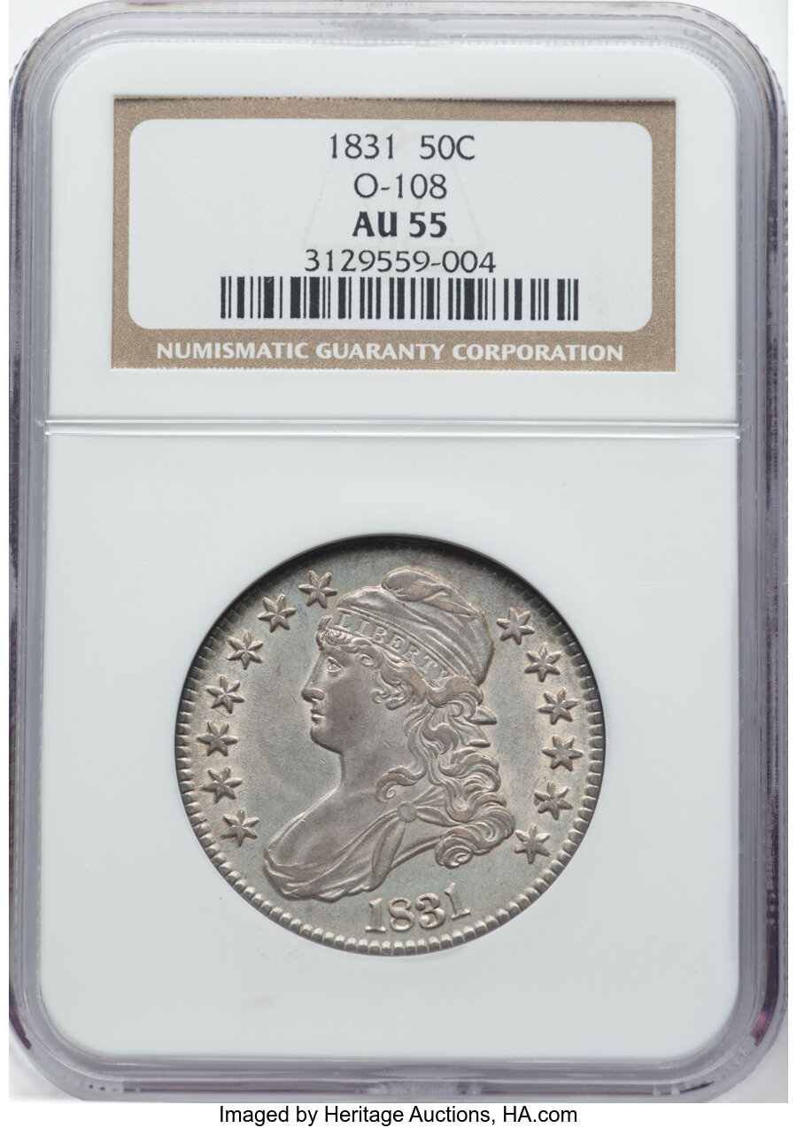 1831 50C O-108, R.1, AU55 NGC. NGC Census: (6/11). PCGS Population: (4/8). CDN: $375 Whsle. Bid for NGC/PCGS AU55. Mintage ...