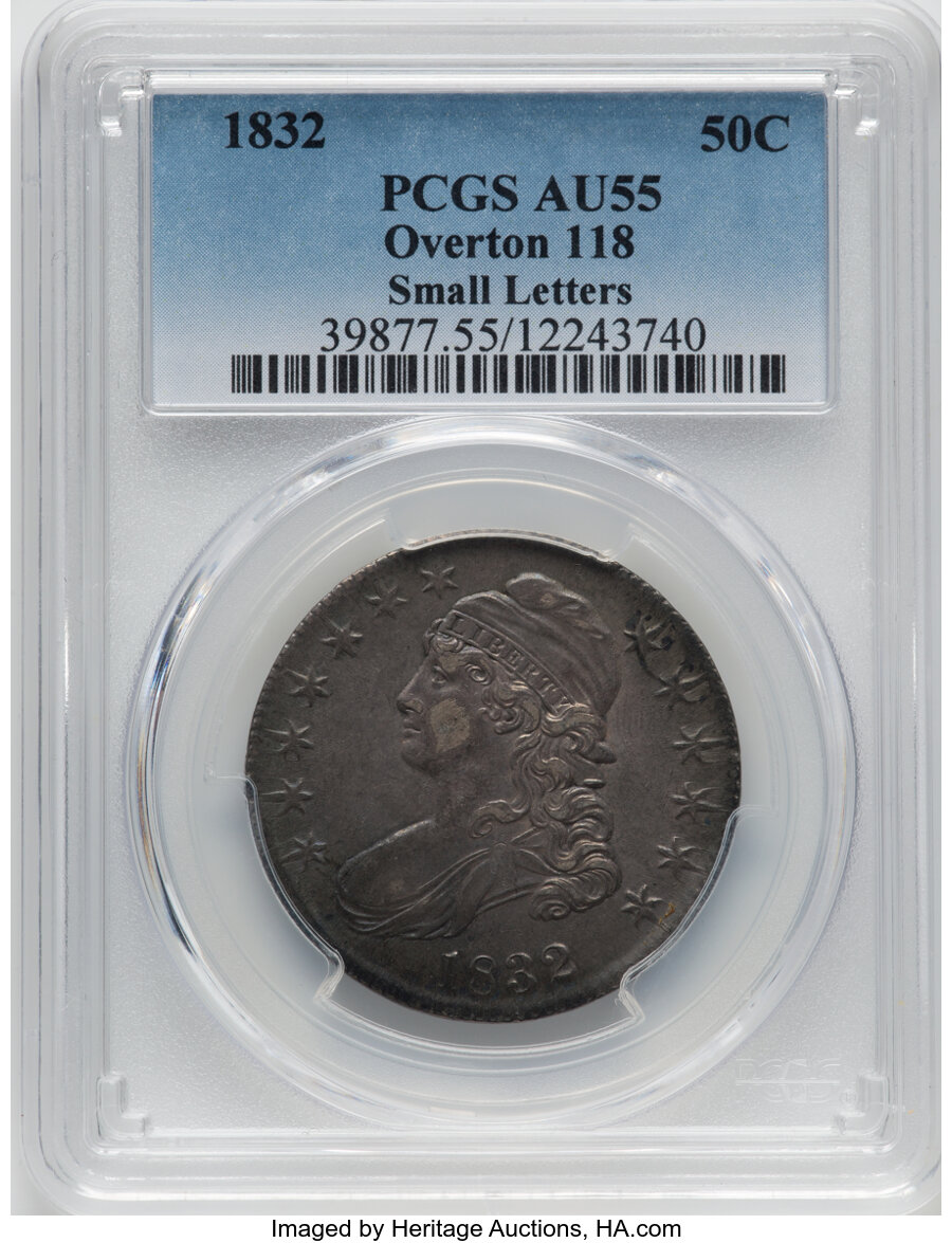 1832 50C Small Letters, O-118, R.1, AU55 PCGS. PCGS Population: (5/13). NGC Census: (10/18). CDN: $375 Whsle. Bid for NGC/P...