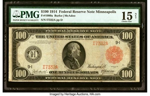 image for: Fr. 1080a $100 1914 Red Seal Federal Reserve Note PMG Choice Fine 15 Net....