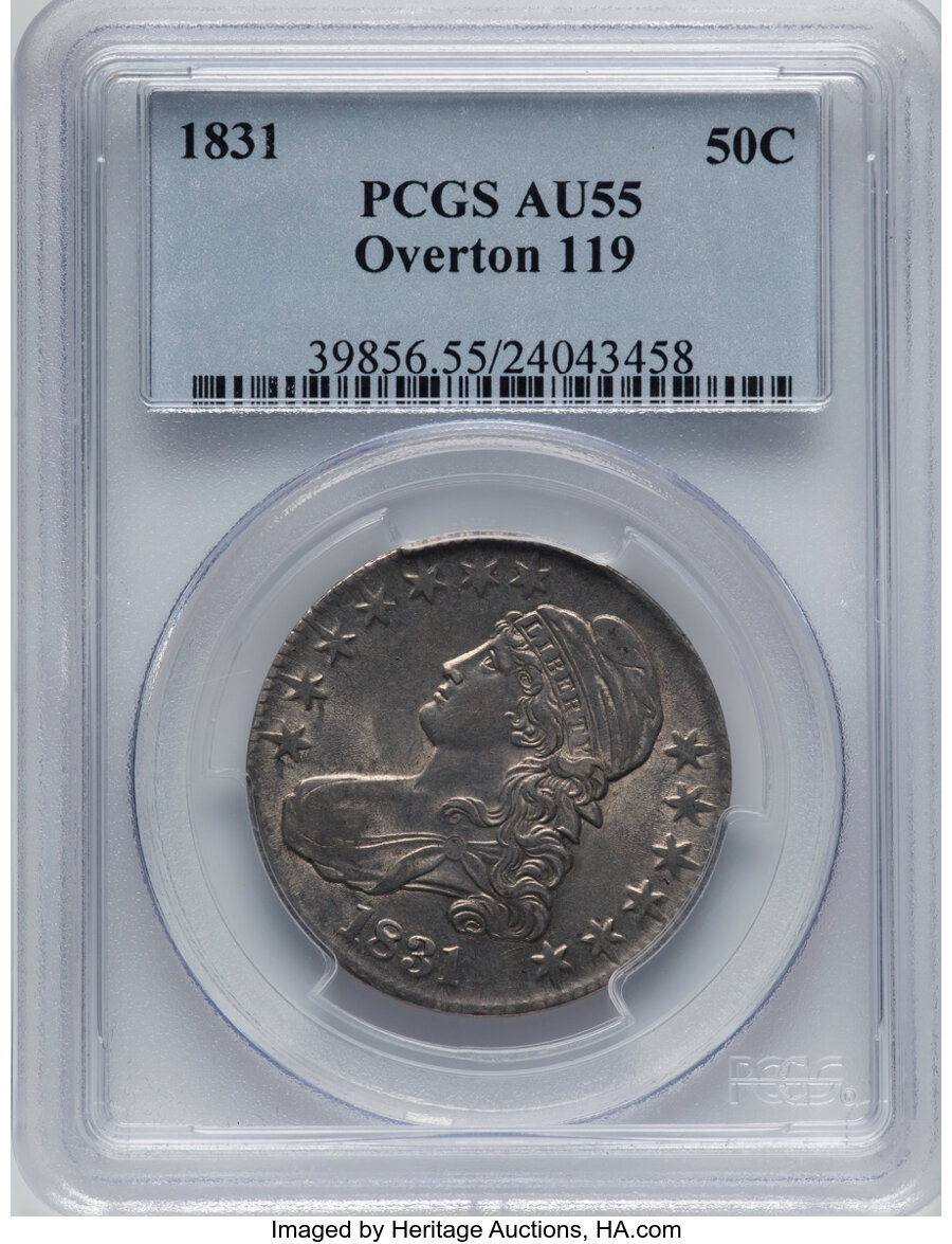 1831 50C O-119, R.3, AU55 PCGS. PCGS Population: (5/4). NGC Census: (3/8). CDN: $412.50.Whsle. Bid for NGC/PCGS AU55. Minta...
