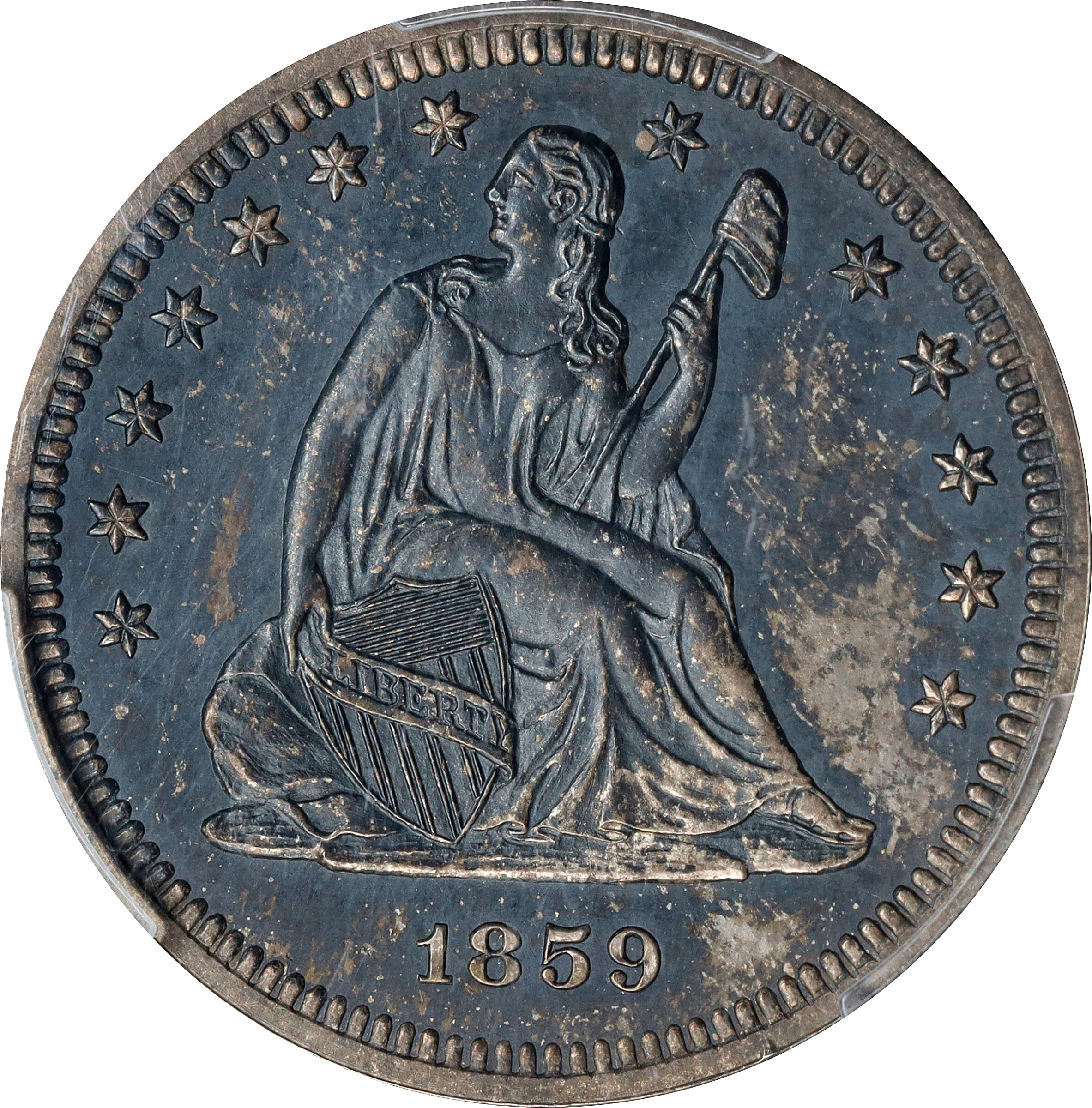 1859 Pattern Liberty Seated Quarter. Judd-234, Pollock-281. Rarity-7-. Silver. Reeded Edge. Proof. Unc Details--Environmental Damage (PCGS).