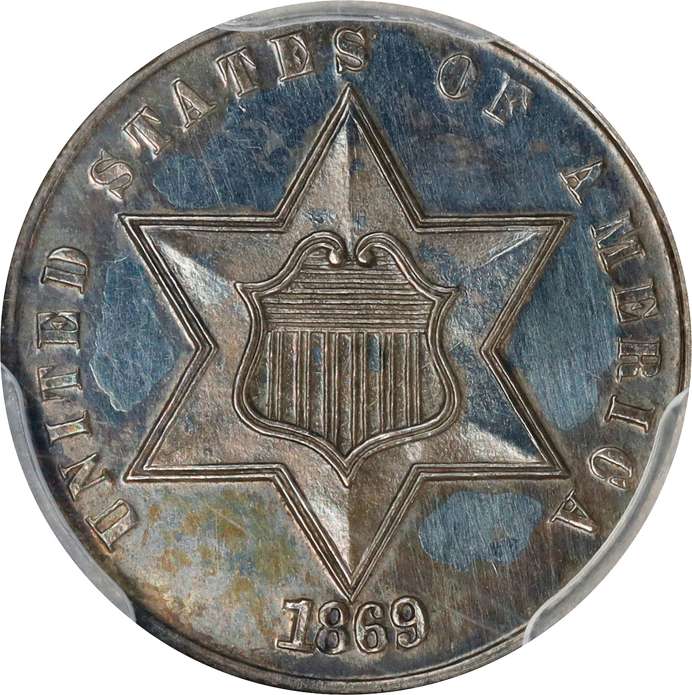 1869/'8' Silver Three-Cent Piece. Proof. Unc Details--Residue (PCGS).