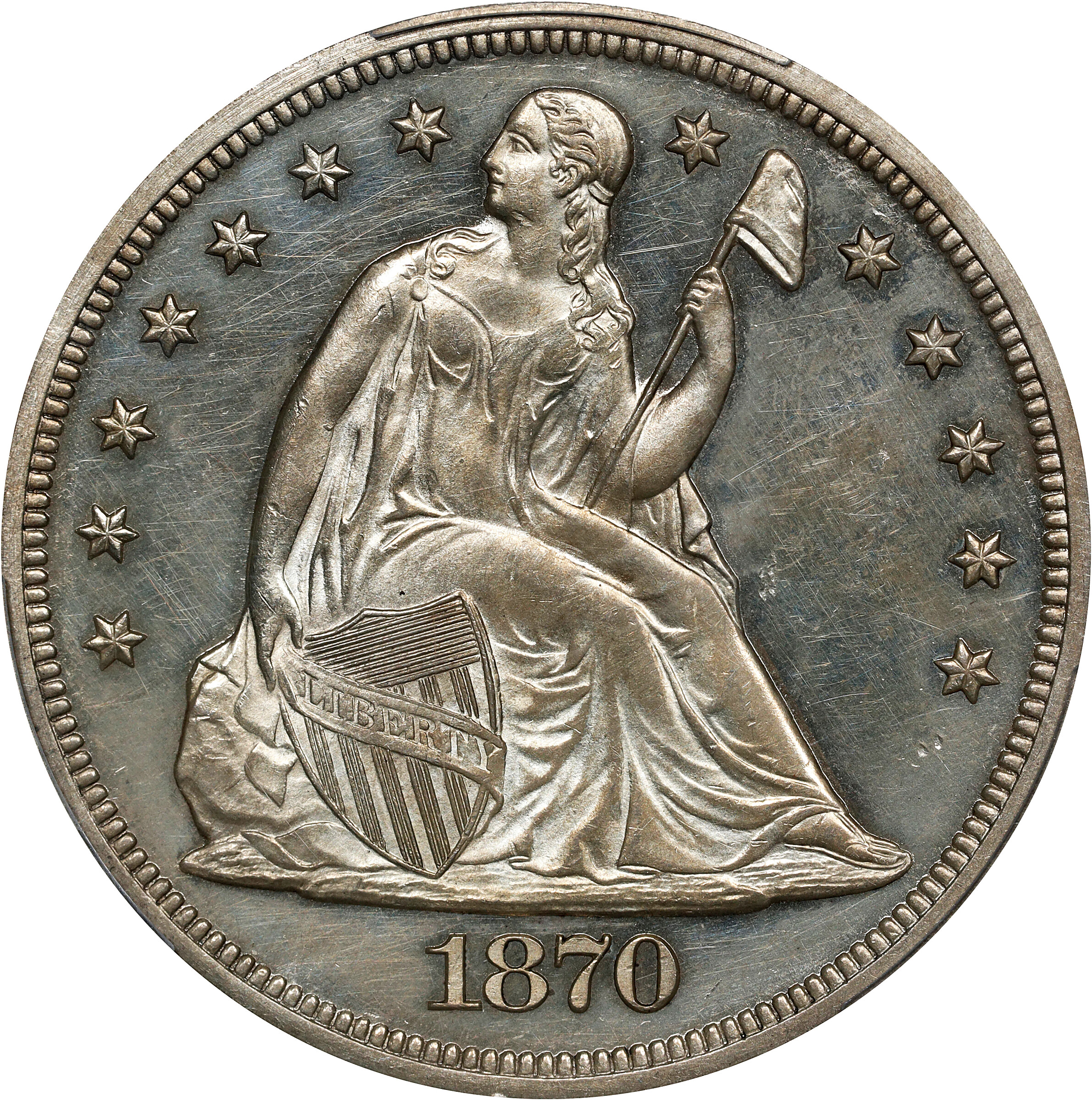 1870 Liberty Seated Silver Dollar. Proof. Unc Details--Stained (PCGS).
