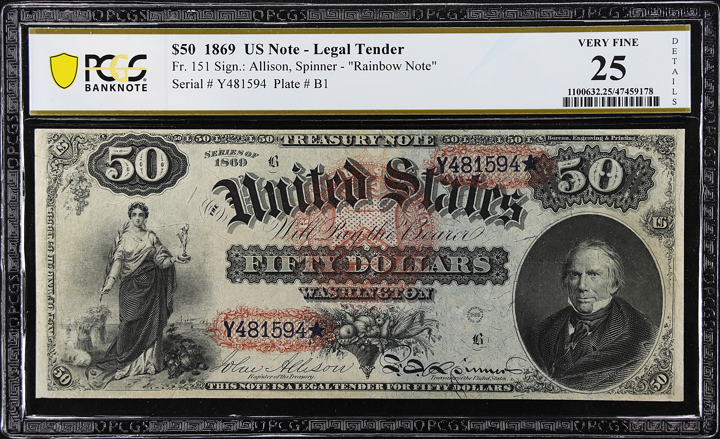 Fr. 151. 1869 $50 Legal Tender Note. PCGS Banknote Very Fine 25 Details. Minor Repairs.