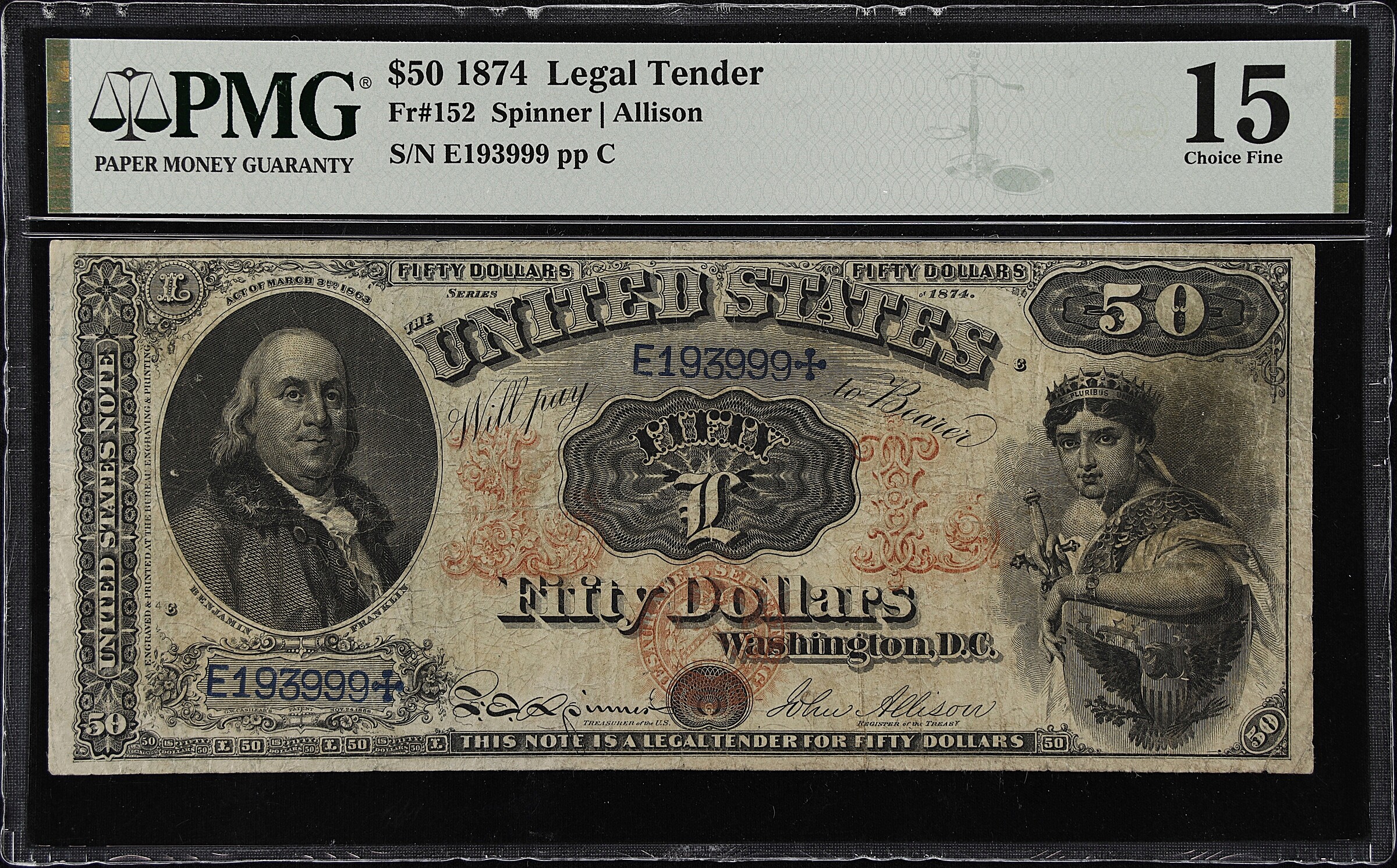Fr. 152. 1874 $50 Legal Tender Note. PMG Choice Fine 15.
