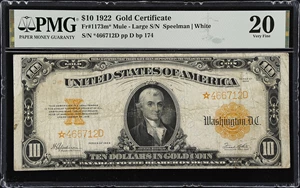 image for: Fr. 1173m*. 1922 $10 Gold Certificate Mule Star Note. PMG Very Fine 20.