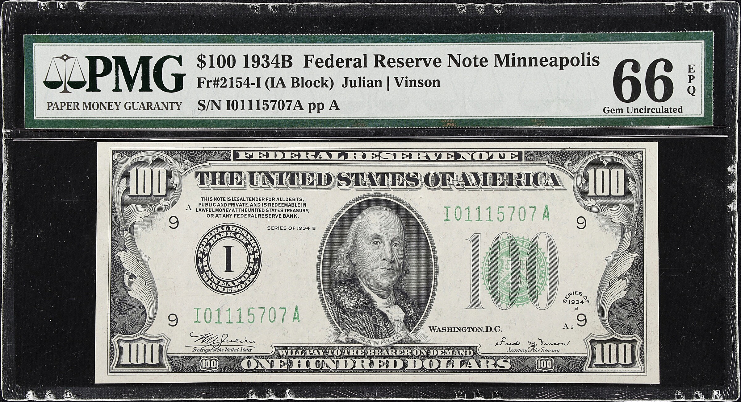 Fr. 2154-I. 1934B $100 Federal Reserve Note. Minneapolis. PMG Gem Uncirculated 66 EPQ.