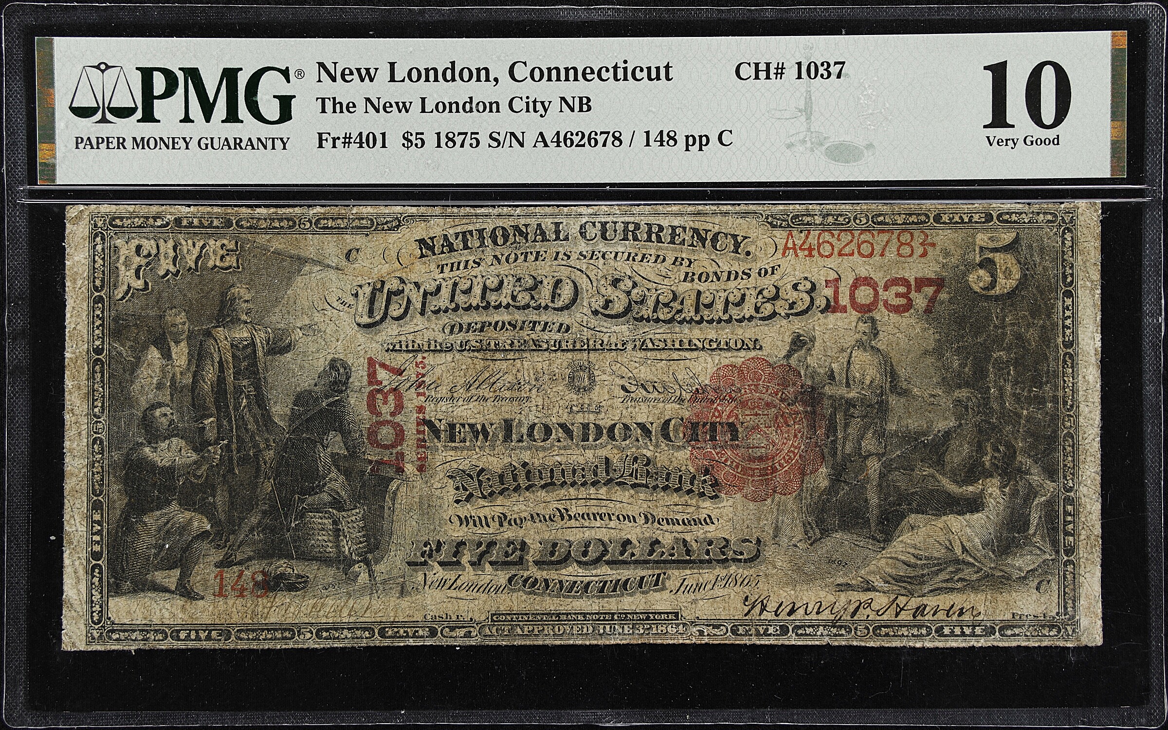 New London, Connecticut. $5 1875. Fr. 401. The New London City NB. Charter #1037. PMG Very Good 10.