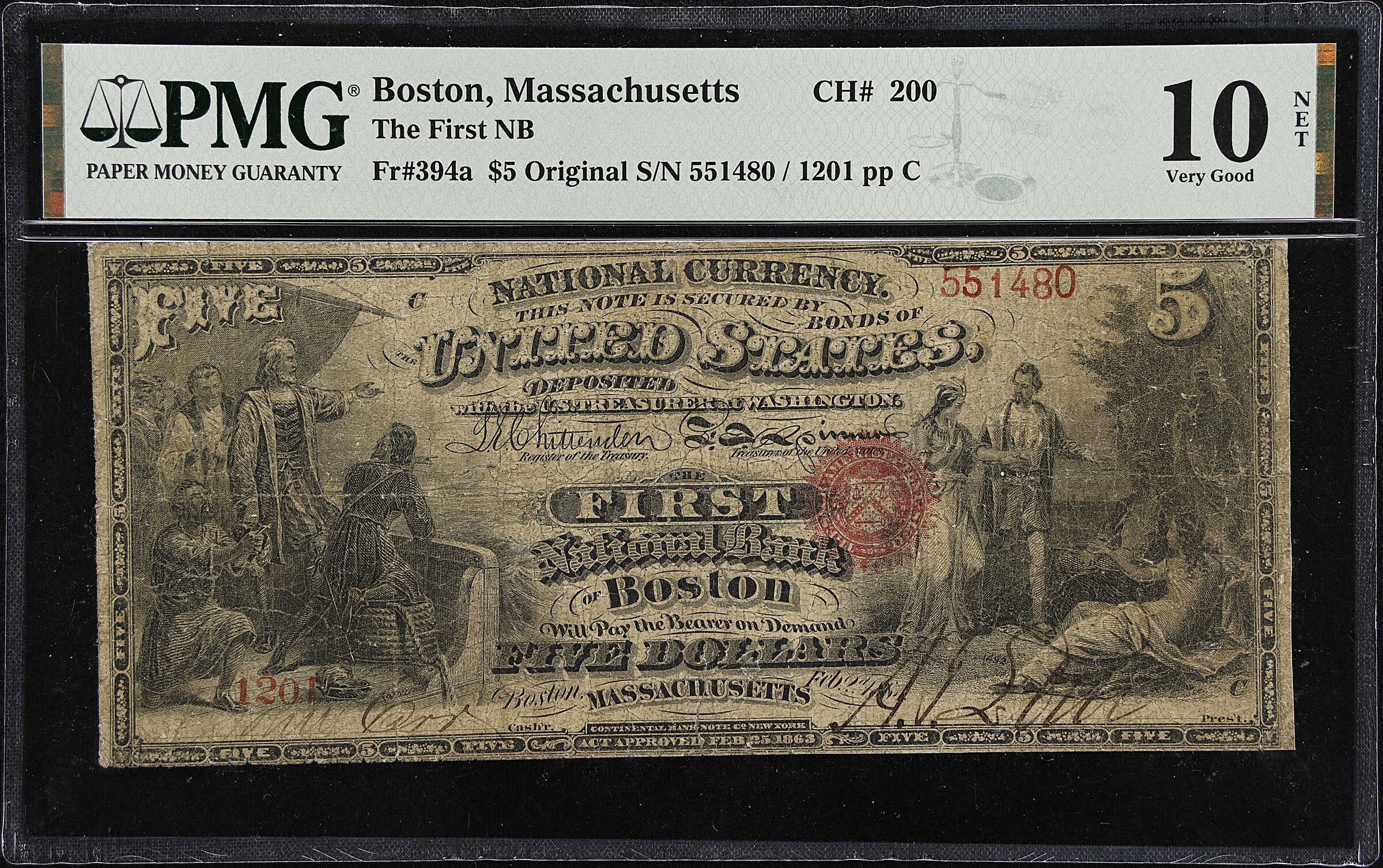 Boston, Massachusetts. $5 Original. Fr. 394a. The First NB. Charter #200. PMG Very Good 10 Net. Repaired.