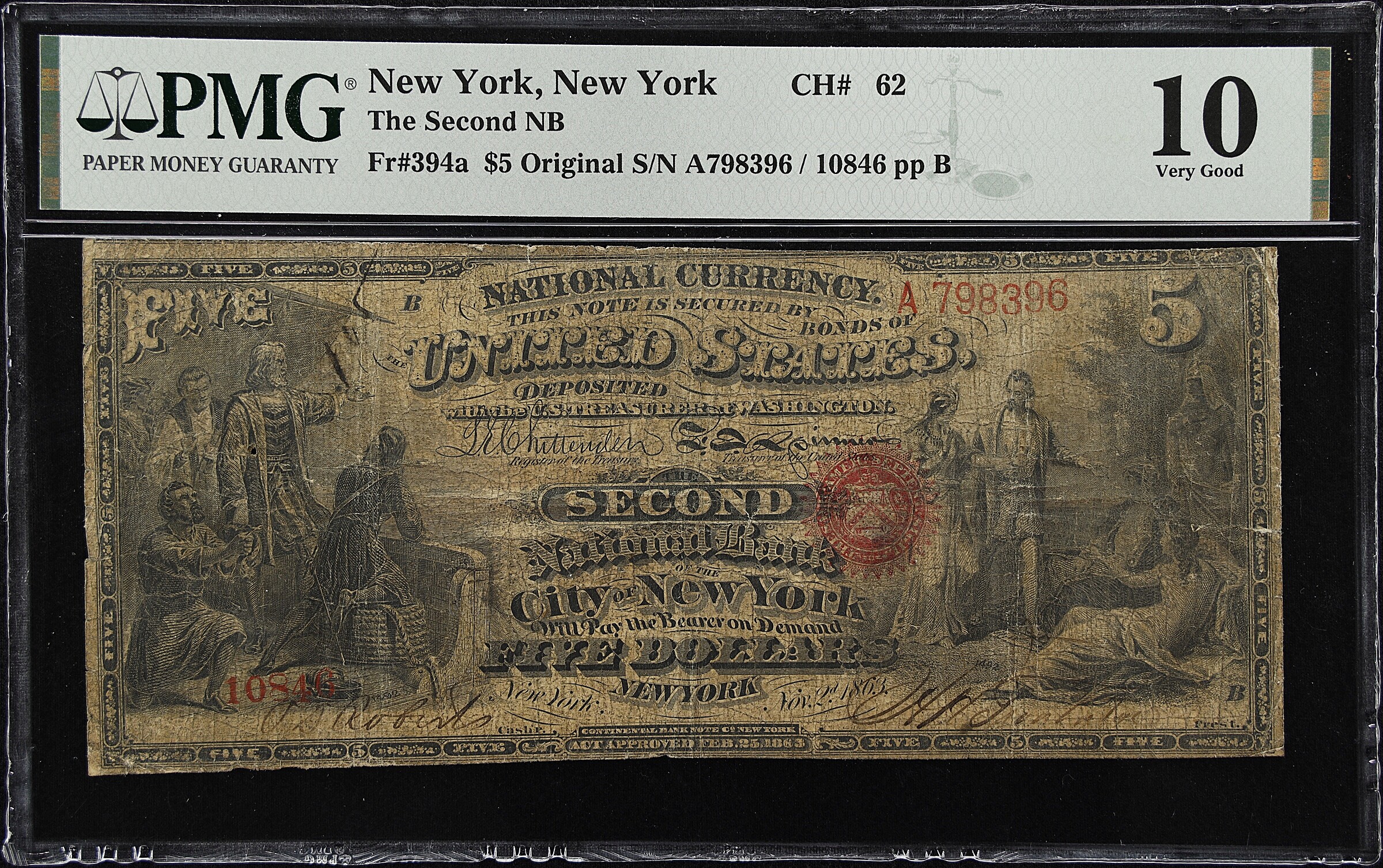 New York, New York. $5 Original. Fr. 394a. The Second NB. Charter #62. PMG Very Good 10.