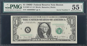 image for: Fr. 1907-A*. 1969D $1 Federal Reserve Star Note. Boston. PMG About Uncirculated 55 Net. Closed Pinholes. Low Serial Number.
