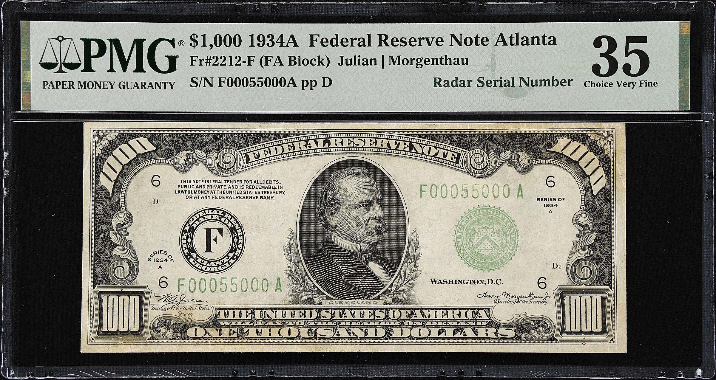 Fr. 2212-F. 1934A $1000 Federal Reserve Note. Atlanta. PMG Choice Very Fine 35.