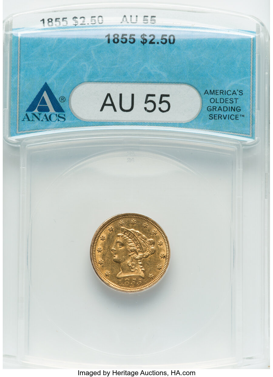 1855 $2 1/2 AU55 ANACS. Mintage 235,480. ...