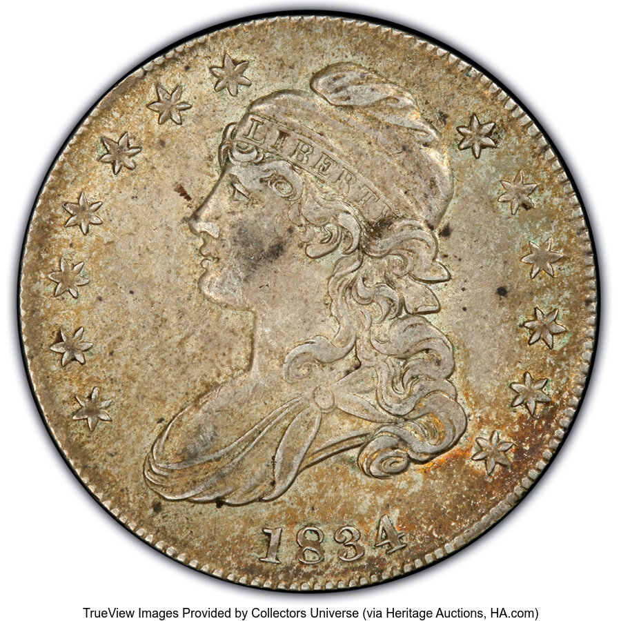 1834 50C Small Date, Small Letters, O-111, R.1, AU55 PCGS. CAC. PCGS Population: (2/5). NGC Census: (8/13). CDN: $375 Whsle...