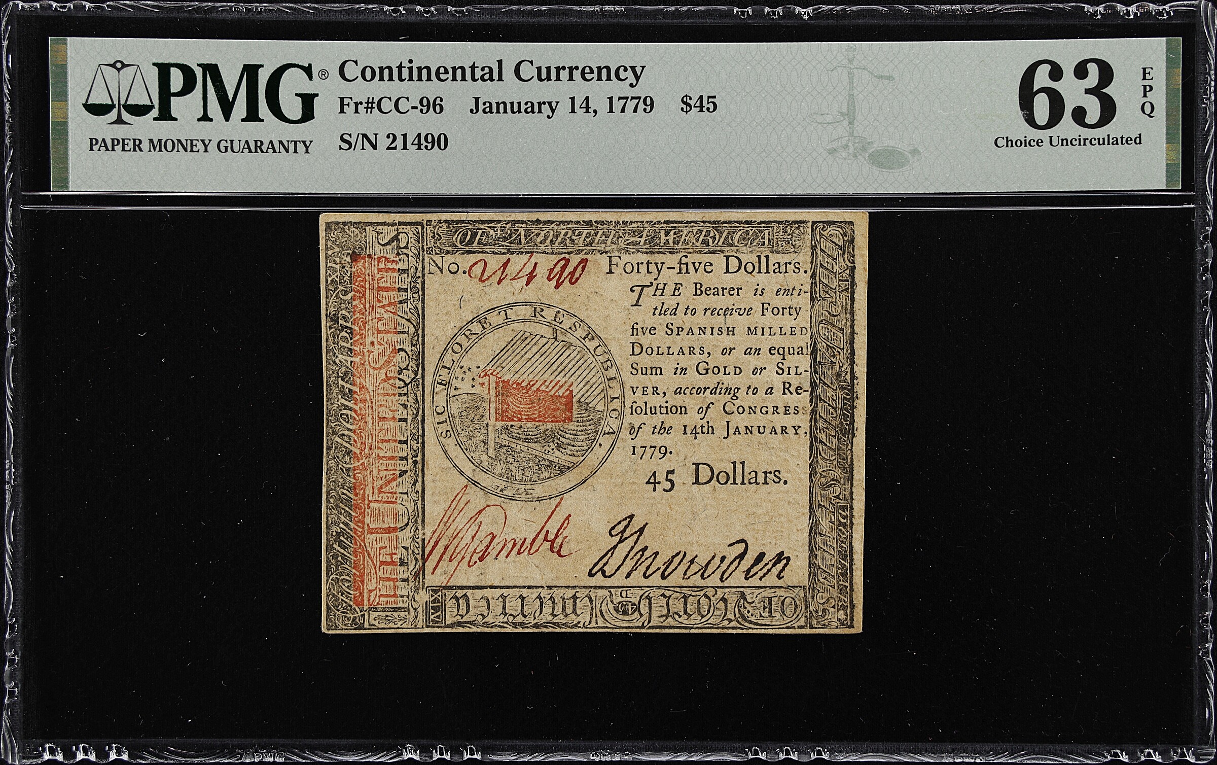 CC-96. Continental Currency. January 14, 1779. $45. PMG Choice Uncirculated 63 EPQ.
