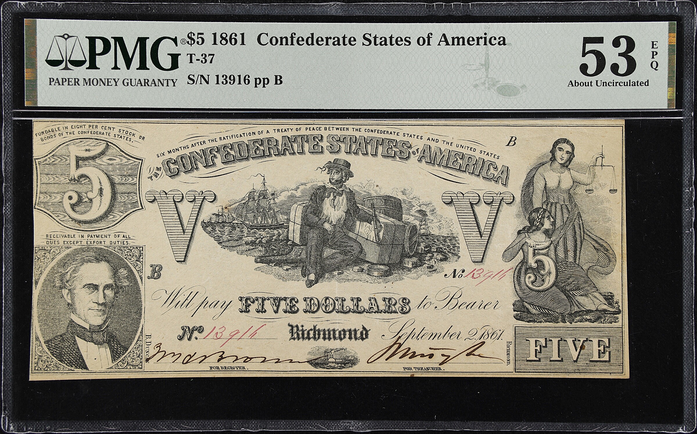 image for: T-37. Confederate Currency. 1861 $5. PMG About Uncirculated 53 EPQ.