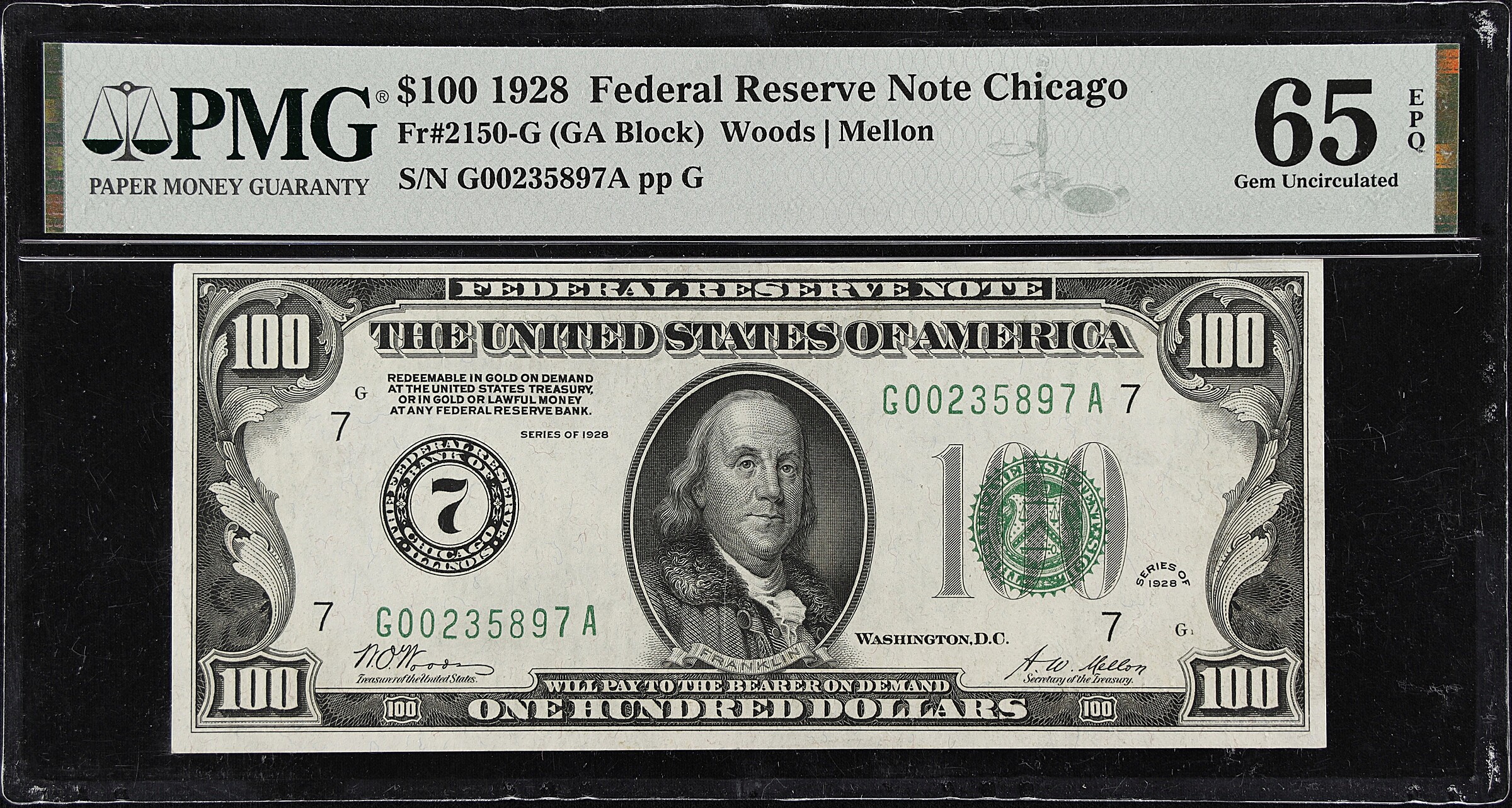 Fr. 2150-G. 1928 $100 Federal Reserve Note. Chicago. PMG Gem Uncirculated 65 EPQ.