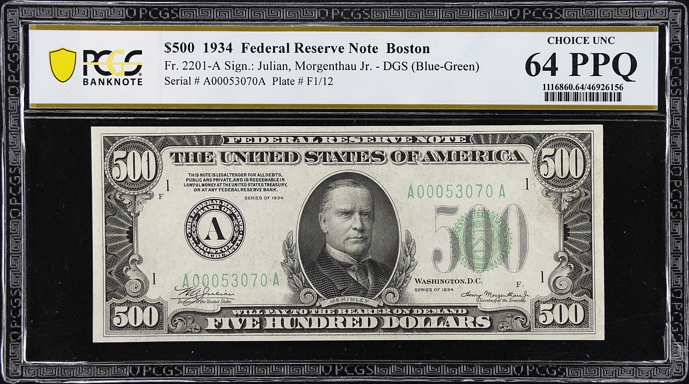 Fr. 2201-A. 1934 Dark Green Seal $500 Federal Reserve Note. Boston. PCGS Banknote Choice Uncirculated 64 PPQ.