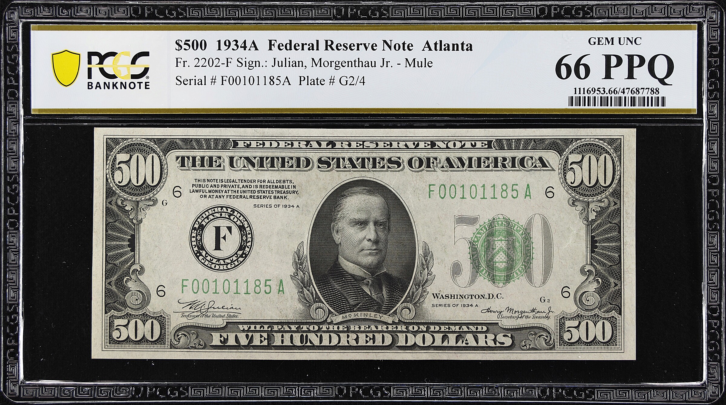 Fr. 2202-F. 1934A $500 Federal Reserve Mule Note. Atlanta. PCGS Banknote Gem Uncirculated 66 PPQ.