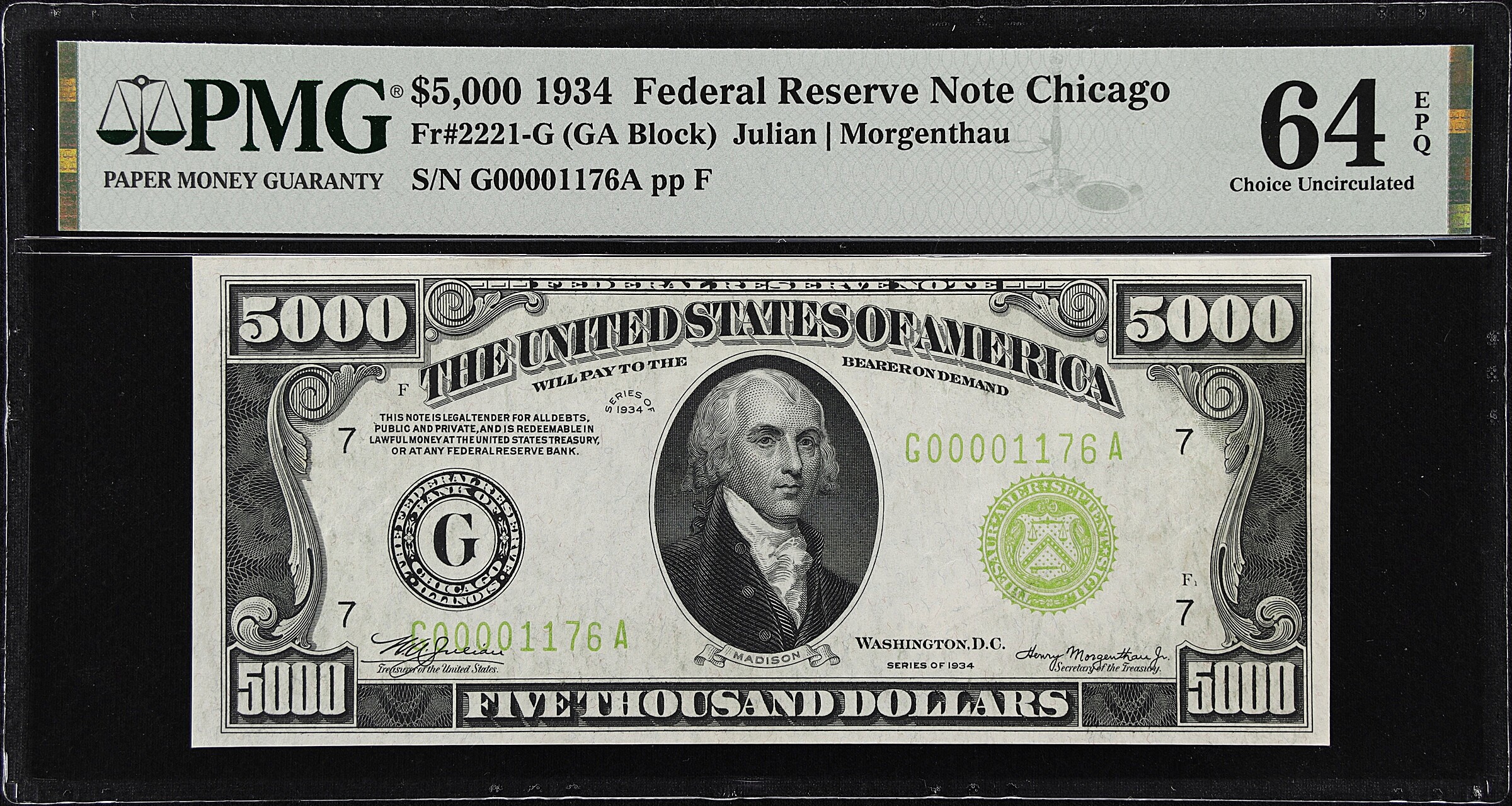 Fr. 2221-G. 1934 $5000 Federal Reserve Note. Chicago. PMG Choice Uncirculated 64 EPQ.