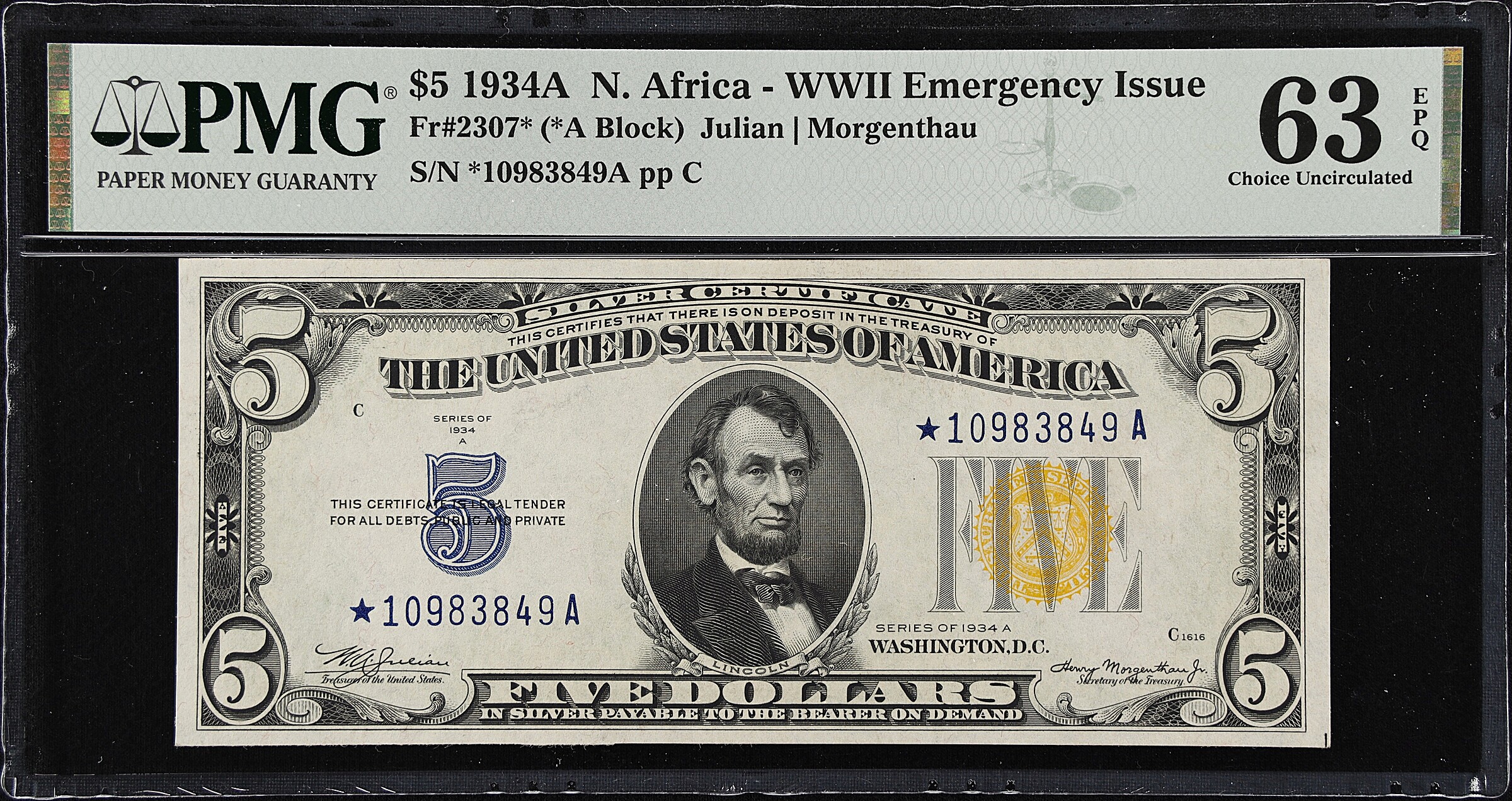 Fr. 2307*. 1934A $5 North Africa Emergency Star Note. PMG Choice Uncirculated 63 EPQ.