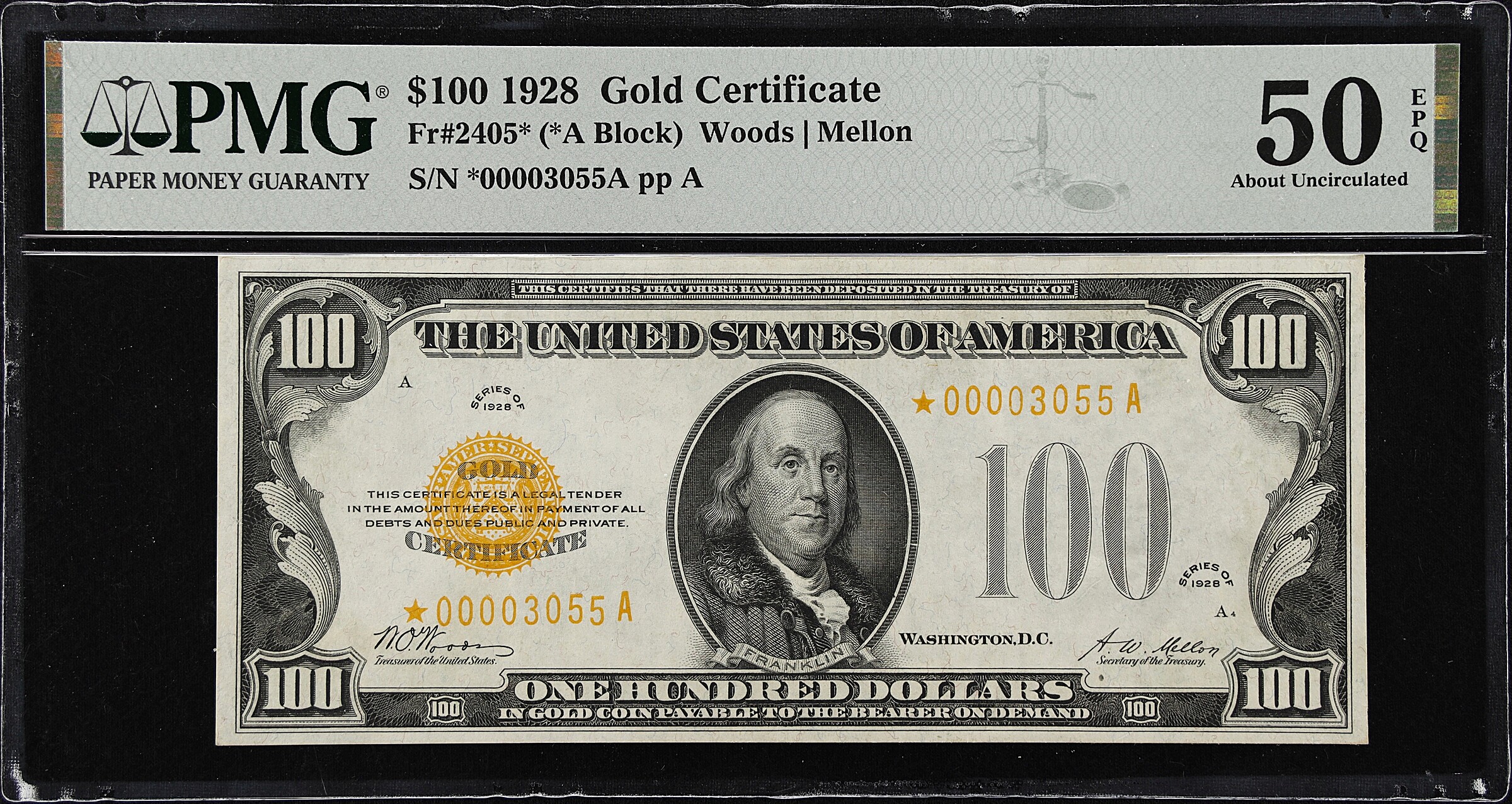 Fr. 2405*. 1928 $100 Gold Certificate Star Note. PMG About Uncirculated 50 EPQ.