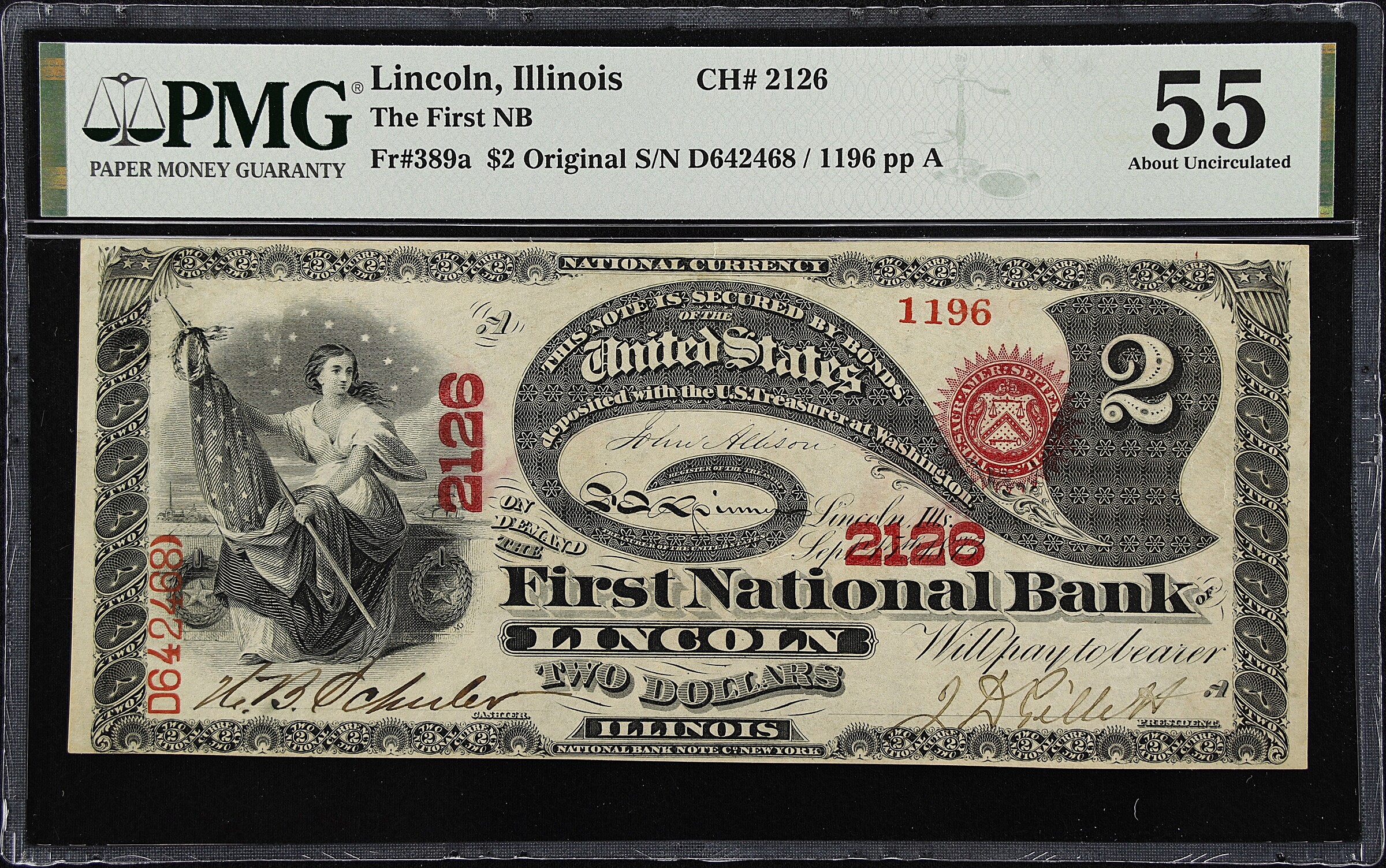 Lincoln, Illinois. $2 Original. Fr. 389a. The First NB. Charter #2126. PMG About Uncirculated 55.