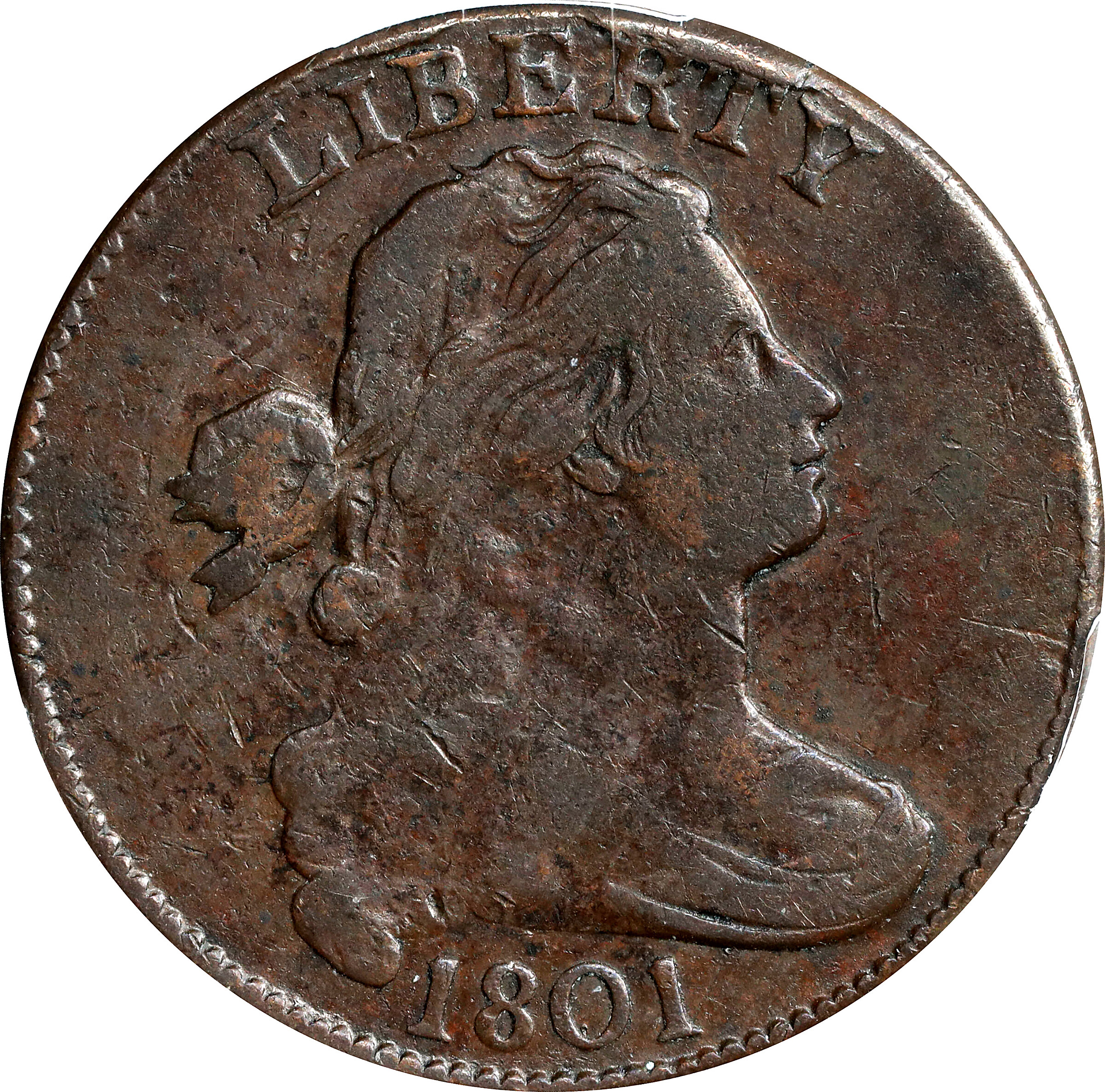 1801 Draped Bust Cent. S-223. Rarity-1. Fraction 1/000. Fine-15 (PCGS).