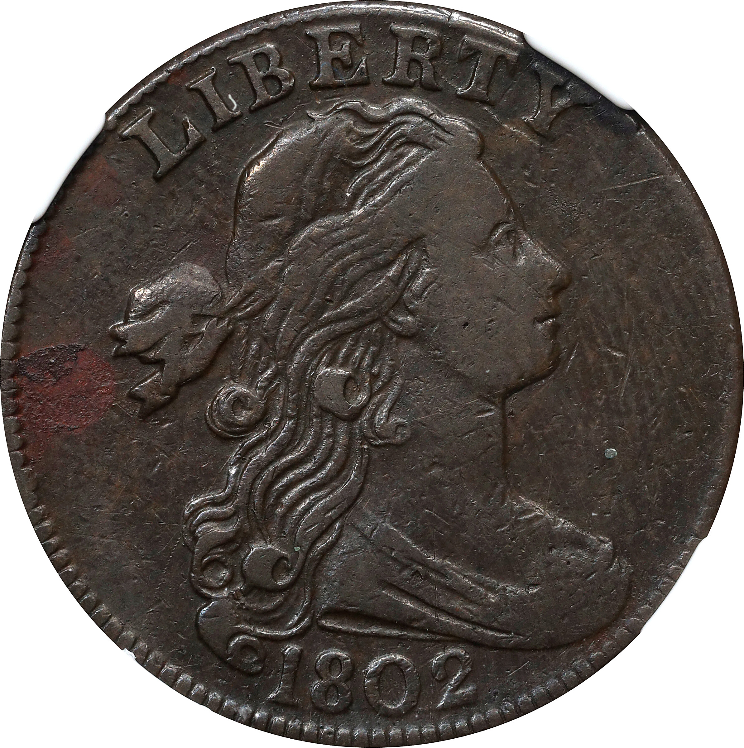 1802 Draped Bust Cent. S-231. Rarity-1. Stemless Wreath. VF-20 BN (NGC).