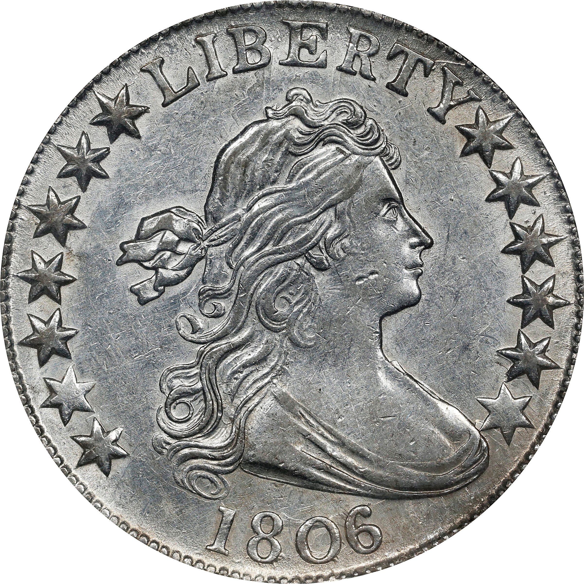 1806/5 Draped Bust Half Dollar. Large Stars. AU-55 (NGC).