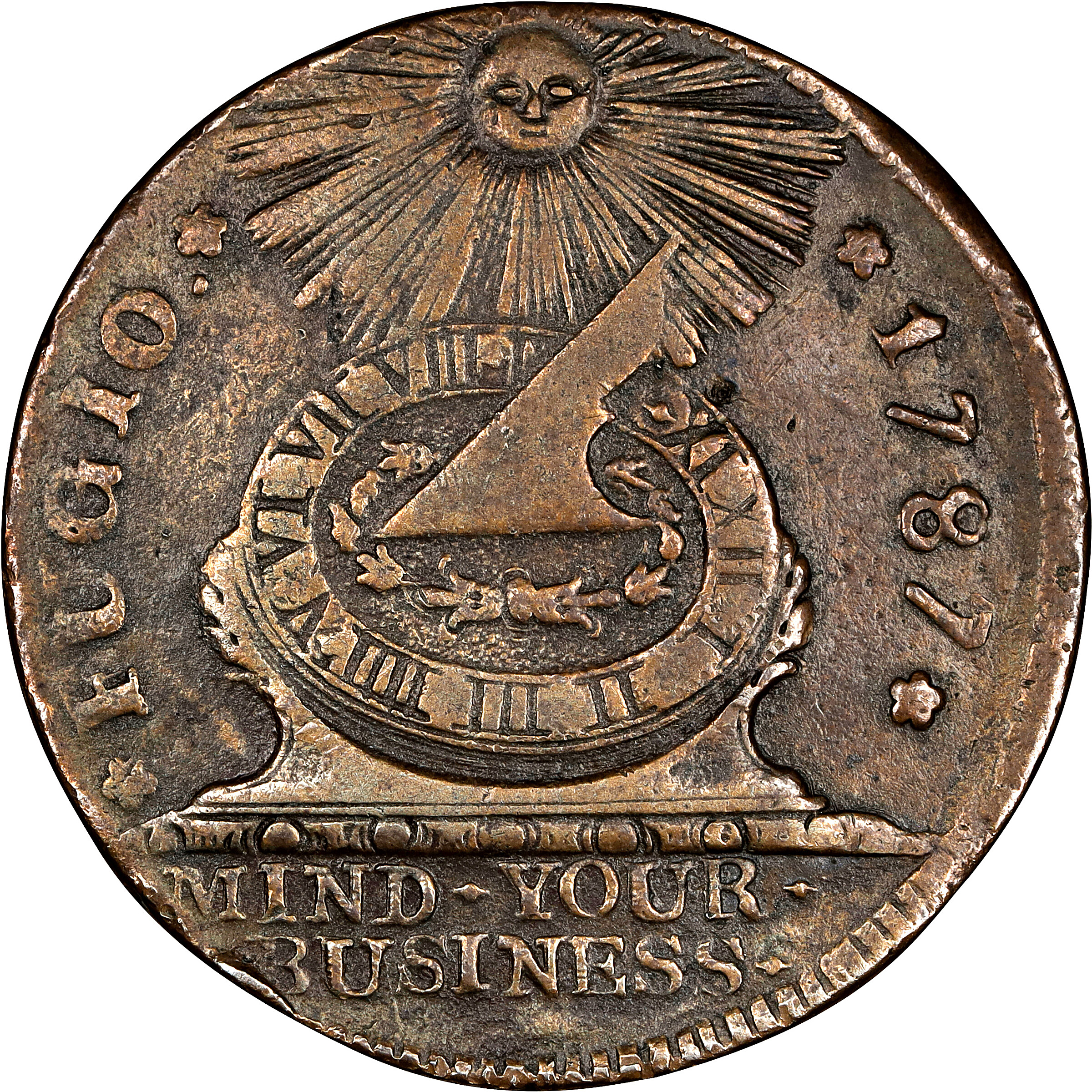 1787 Fugio Cent. Pointed Rays. Newman 13-R, W-6850. Rarity-4. STATES UNITED, 4 Cinquefoils. EF-40 (PCGS).