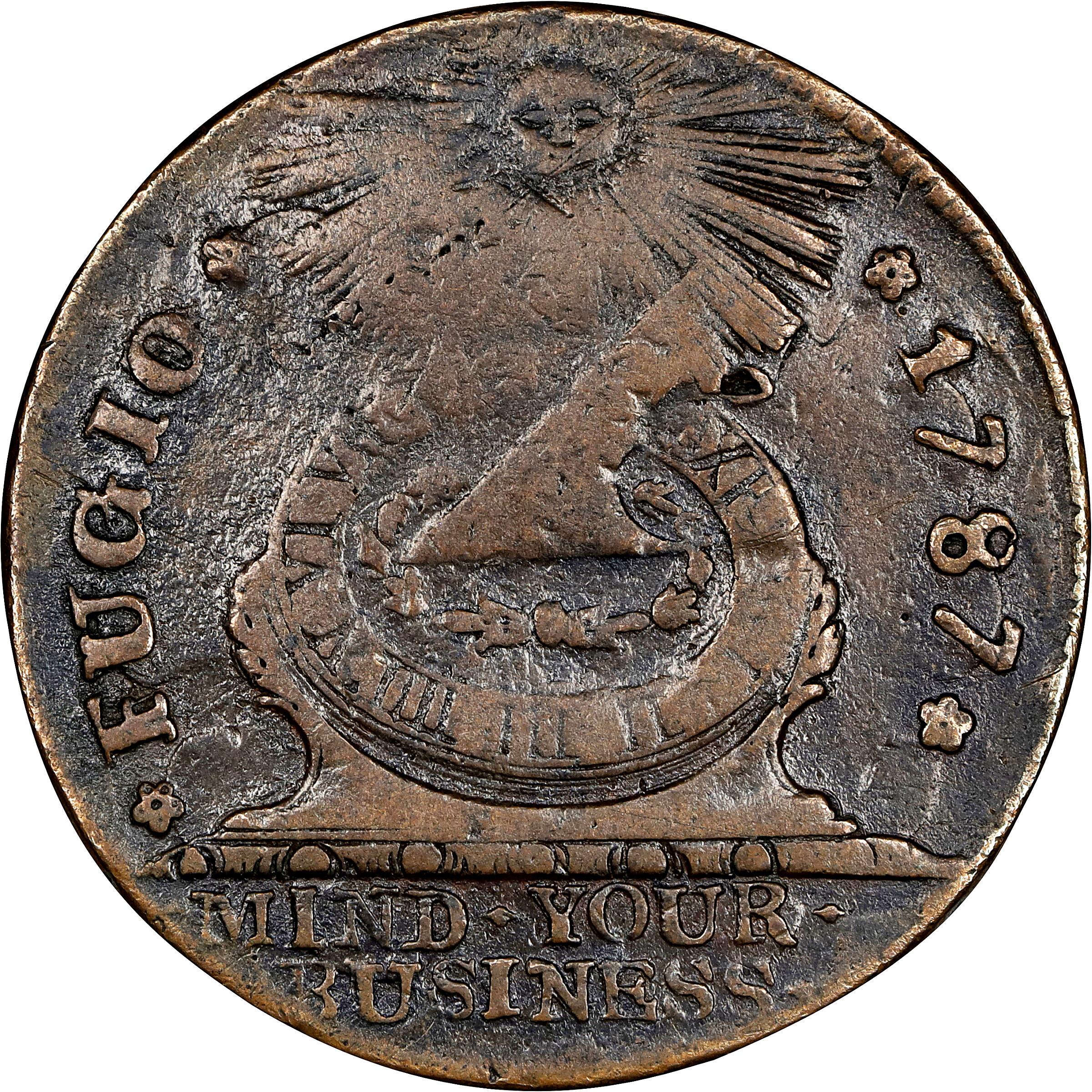 1787 Fugio Cent. Pointed Rays. Newman 13-R, W-6850. Rarity-4. STATES UNITED, 4 Cinquefoils. VF-20 (PCGS).